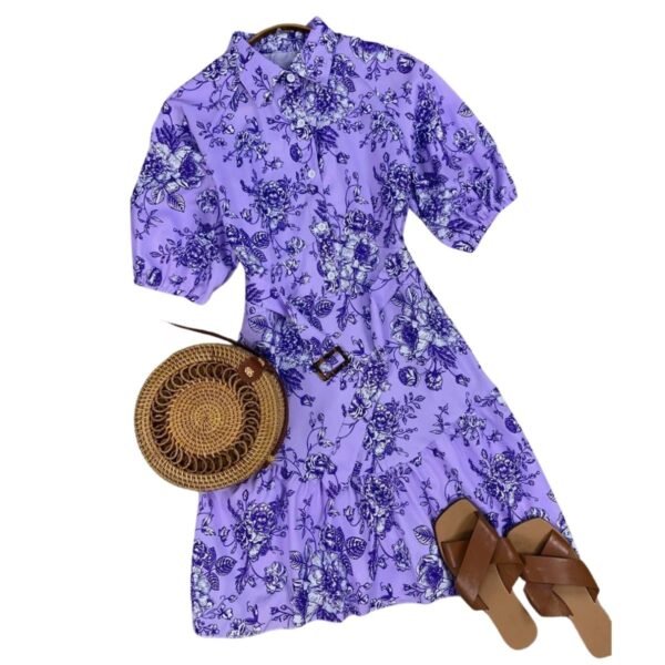 Vestido corto EN LINO estampado morado