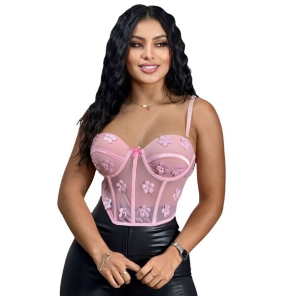 corset con varilla copas y flores en 3D rosa claro