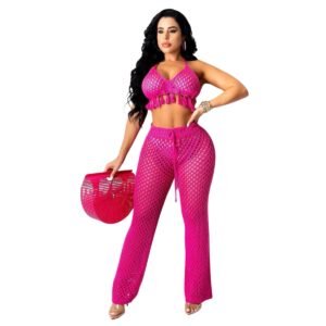 Conjunto en hilo flecos pantalón con elástico en la cintura y top crochet