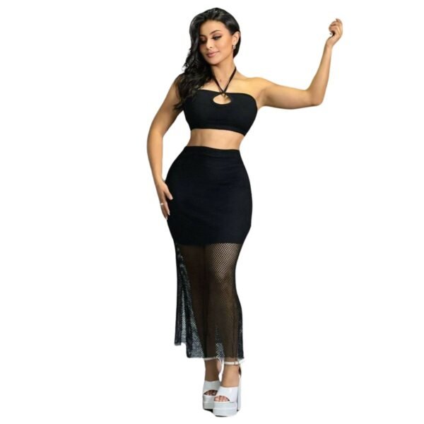 Set de 2 piezas crop escote gota y falda en malla con forro licrado