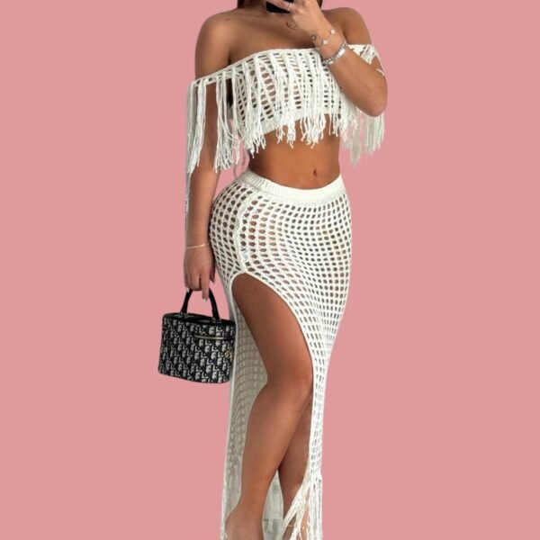 Conjunto de falda en hilo con elástico en la cintura y top crochet de flecos - Image 2