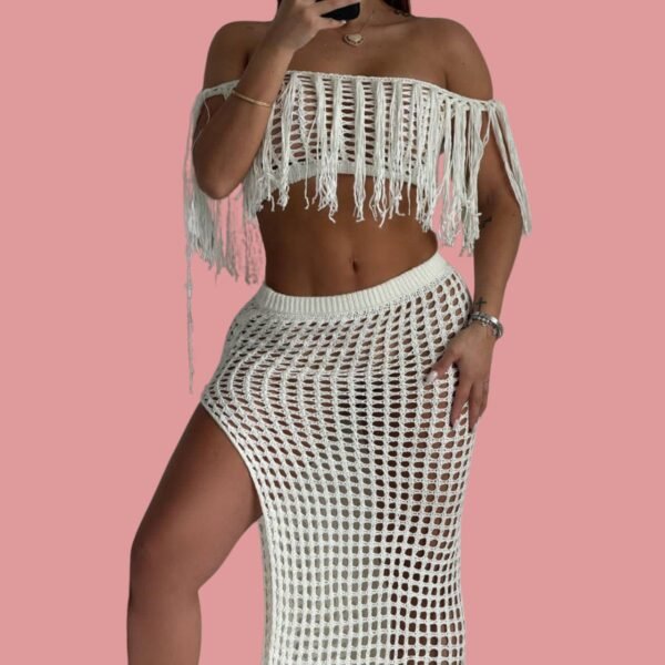 Conjunto de falda en hilo con elástico en la cintura y top crochet de flecos - Image 3