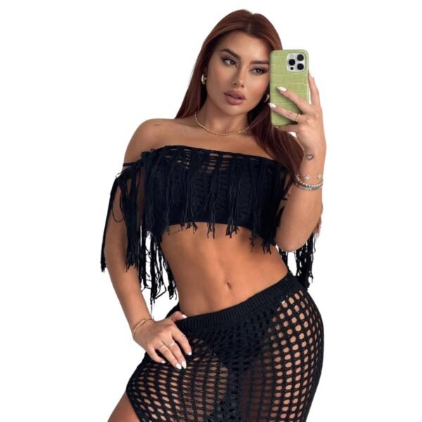 Conjunto de falda en hilo con elástico en la cintura y top crochet de flecos - Image 4
