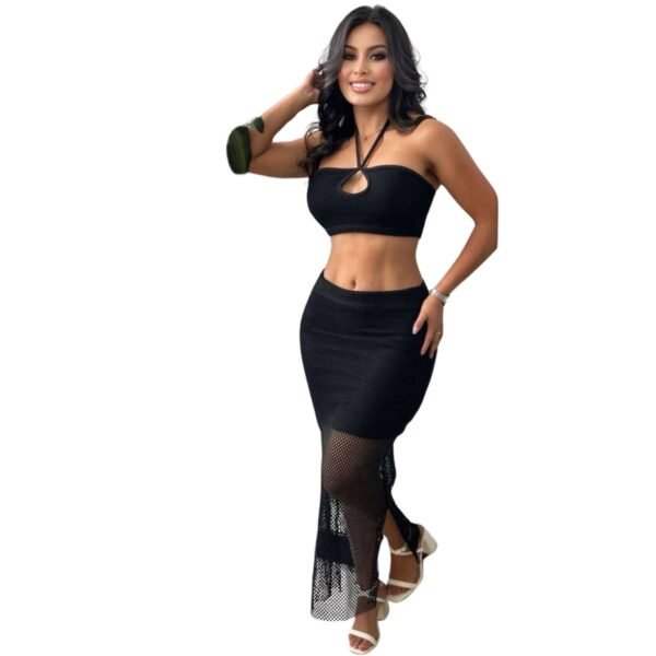 Set de 2 piezas crop escote gota y falda en malla con forro licrado - Image 9